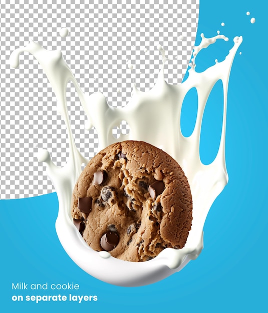PSD milk splash met koekjes geïsoleerd op alpha layer