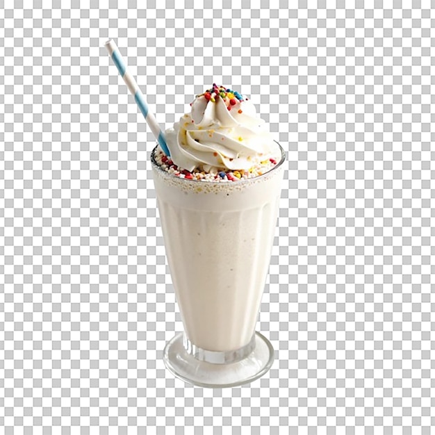 Milkshake waniliowy z śmietaną i posypkami w wysokim kieliszku z słomką