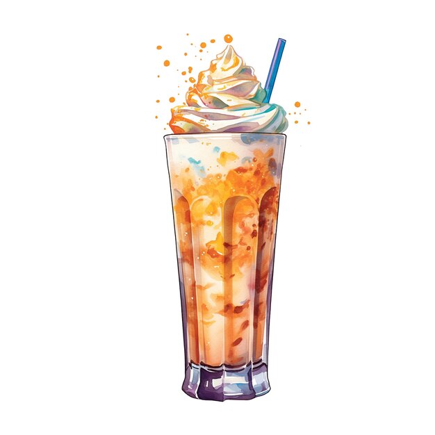 Milkshake Z Karmelem I Lodem, Ilustracja Akwarelowa W Stylu Ręcznie Narysowanym