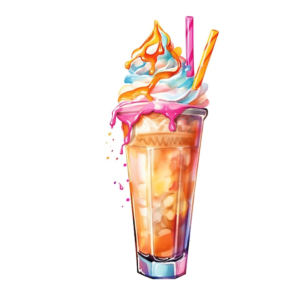 PSD milkshake z karmelem i lodem, ilustracja akwarelowa w stylu ręcznie narysowanym