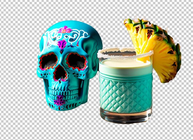 PSD milky cocktail garnished with pineapple next to blue mexican skull