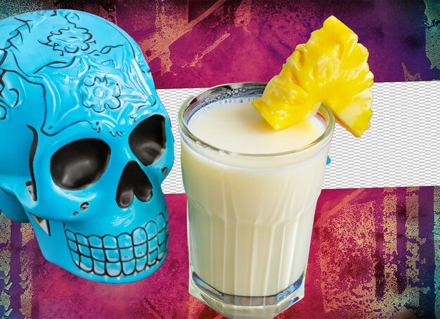 Milky cocktail garnished with pineapple next to blue mexican skull