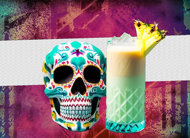 Milky cocktail garnished with pineapple next to blue mexican skull