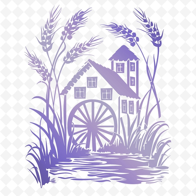 PSD mill outline with wheat sheaves and water wheel wheat sheav illustration decor motifs collection