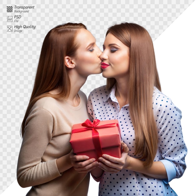 PSD miłosny pocałunek i wymiana prezentów między dwoma kobietami
