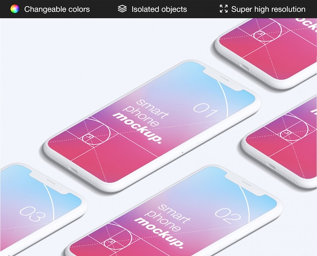 PSD mimimalistic high angle smartphone app screens mockup template