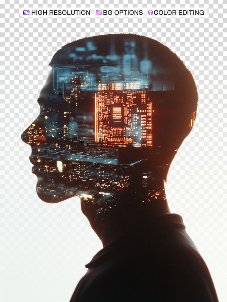 PSD mind upgrade technological transformation in double exposure