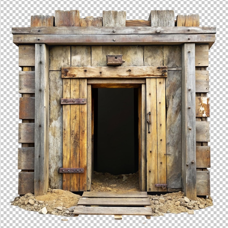 PSD mine entrance boarded up on transparent background