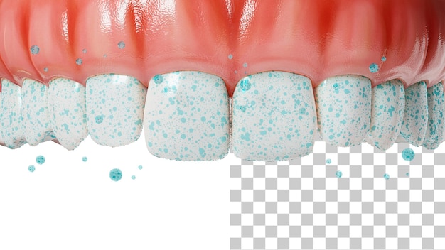 Mineralizzazione dei denti denti con rendering 3d di calcio e fluoruro sbiancamento o rimineralizzazione