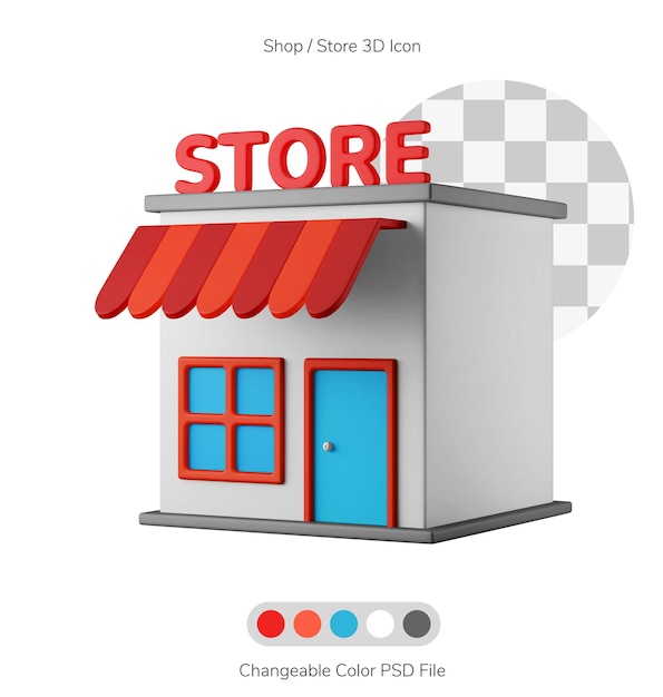 Mini cute store shop merchant building psd changeable color 3d icon illustration isolated