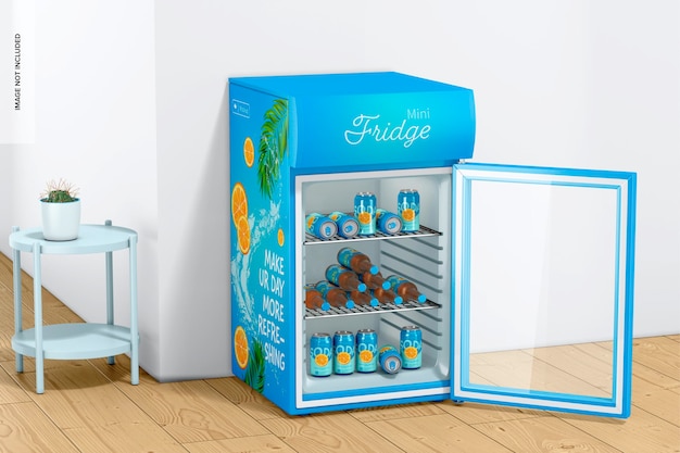 PSD mini fridge mockup, perspective