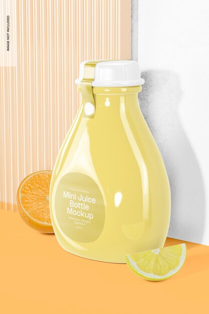 Mini juice bottle with label mockup, left view