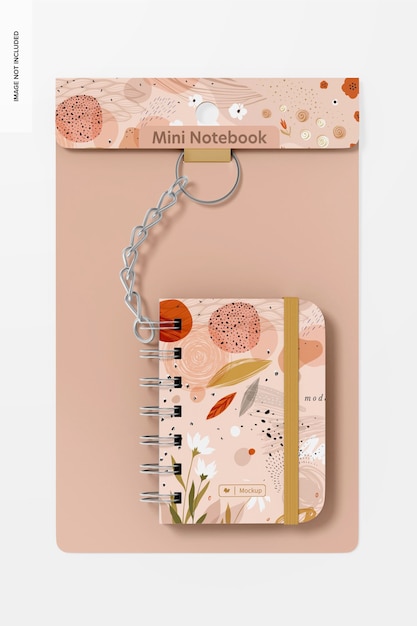 PSD mini notebook with keychain mockup, top view