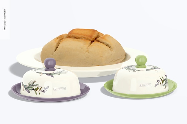 PSD mini oval butter dishes with lid mockup, with bread