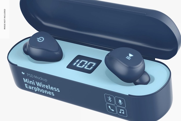 Mini Wireless Earphones Mockup, Close Up