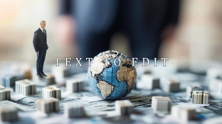 PSD miniature businessman standing near a globe on a bed of money symbolizing global finance and business