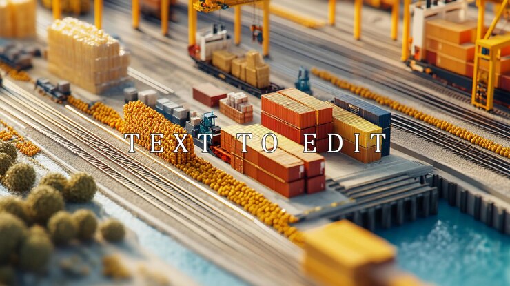 PSD miniature cargo port model showcasing shipping containers trains and cranes