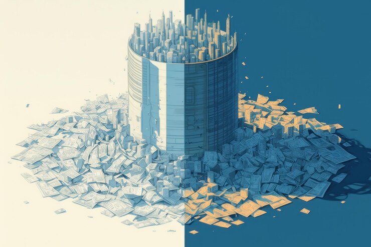 PSD a miniature cityscape with skyscrapers nestled inside a cylinder divided by a black stripe on a blue and white background with scattered building fragments