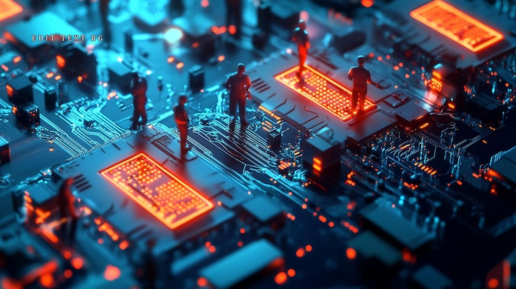PSD miniature figures on a complex circuit board representing the concept of human connection within technology