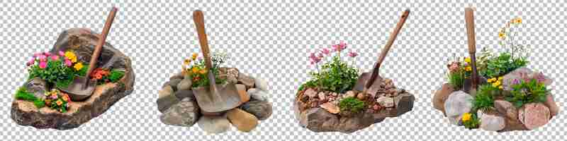 PSD miniature garden landscapes with shovel isolated on transparent background