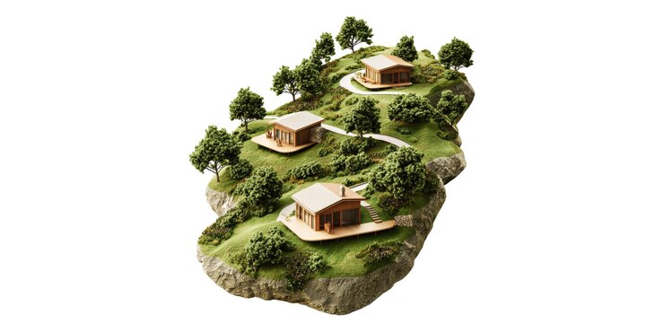 PSD miniature landscape with houses and trees isolated on transparent background
