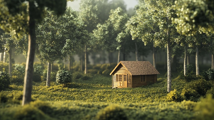 PSD miniature log cabin nestled in a tranquil forest scene sunlight filters through the trees