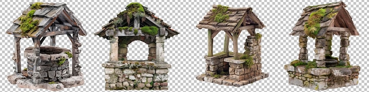 PSD miniature stone wells with moss isolated on transparent background