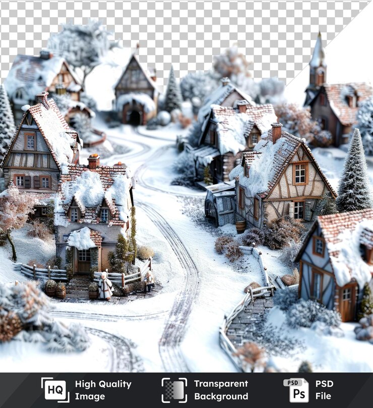 PSD miniature winter village with snow on transparent background psd including small tree white house
