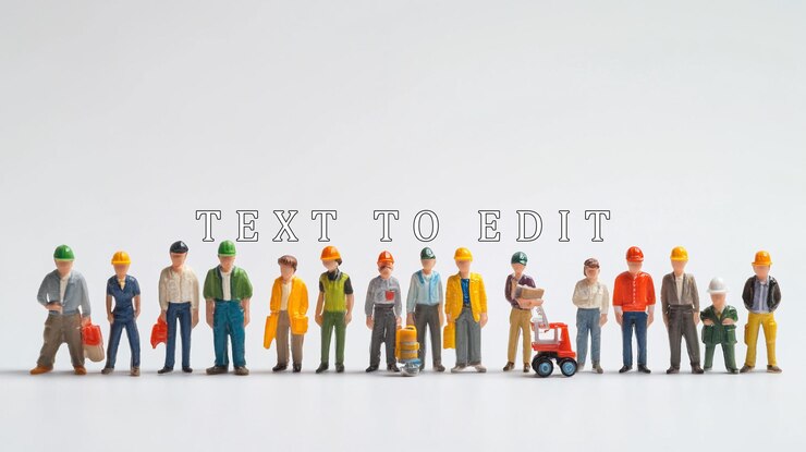 PSD miniature workers standing in a row against a white background