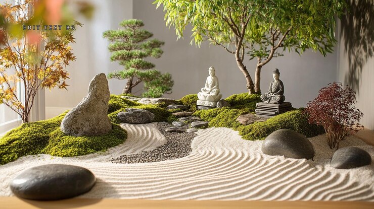 PSD miniature zen garden with sand stones moss bonsai trees and buddha statues