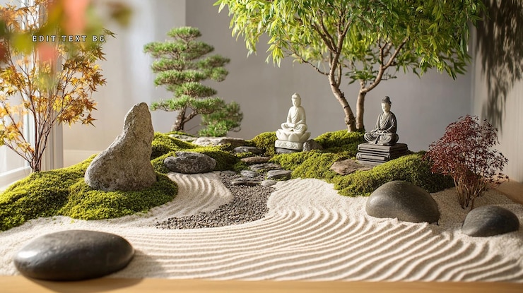 PSD miniature zen garden with sand stones moss bonsai trees and buddha statues