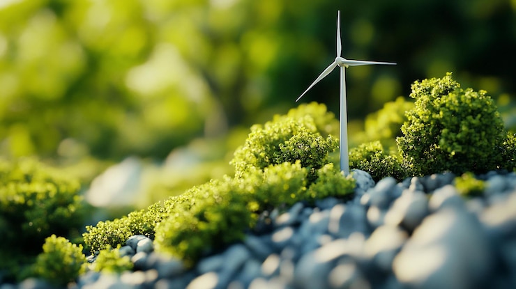 PSD miniatuur windturbine in een weelderig groen moslandschap