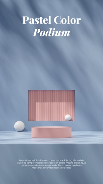 Minimaal blauw en roze 3d-renderingsjabloon mockup-podium in portret met bol