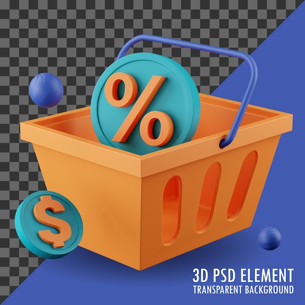 minimal 3d renderings of shopping basket and percent sign png transparent background