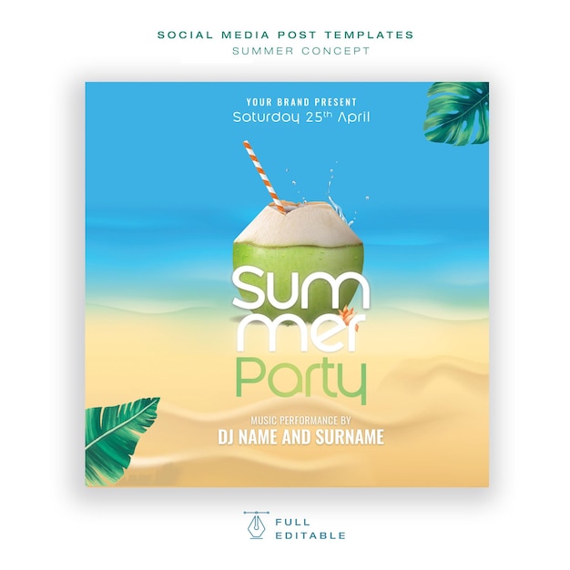 minimal beach and cocktail concept summer party social media post design