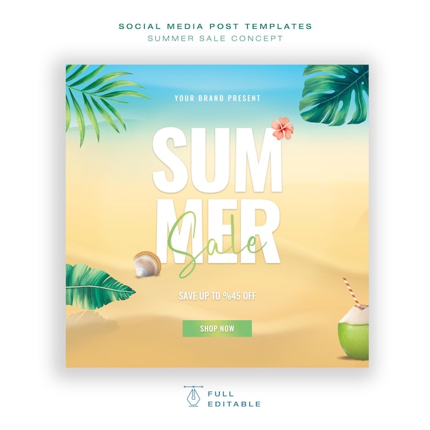 Minimal beach green leaves and cocktail concept summer sale social media post design