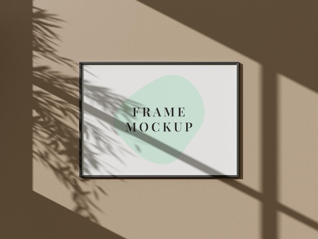 PSD minimal black horizontal frame mockup hanging on the wall on tropical shadow