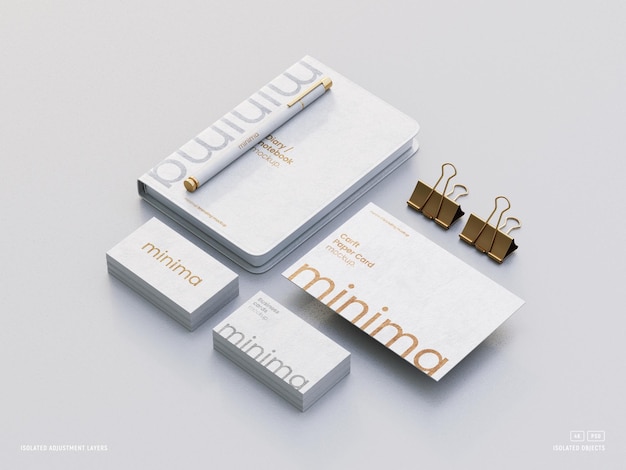 Mockup di set di cancelleria di branding minimo con biglietti da visita, taccuino e cartolina