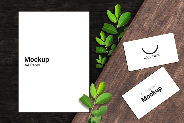 Минимальный макет визитной карточки и фирменного бланка с листьями