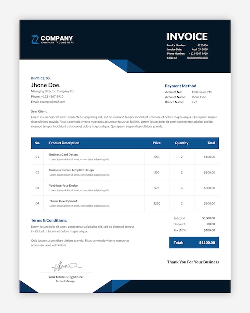 Minimal corporate business invoice template design