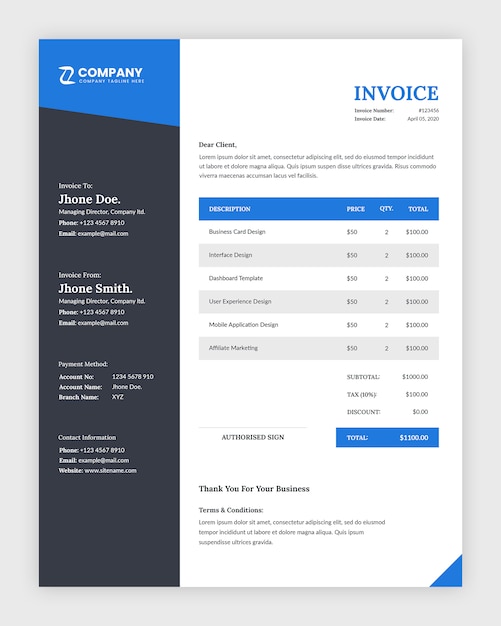 PSD minimal corporate business invoice template design