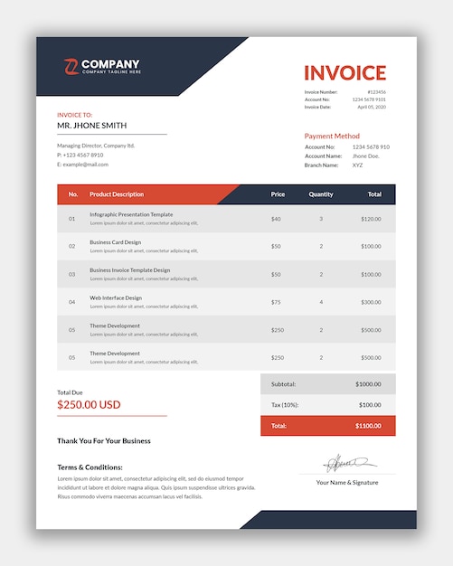 PSD minimal corporate business invoice template