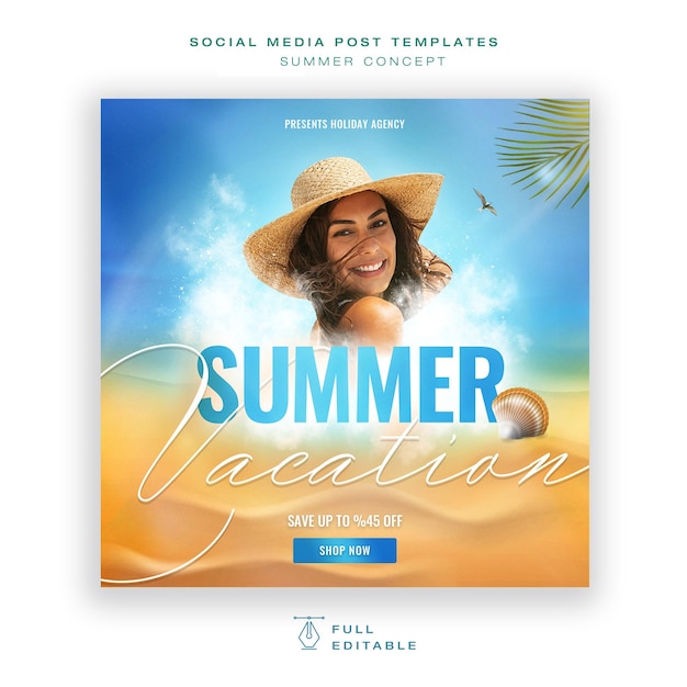 minimal editable summer vacation social media post design psd template