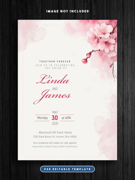 PSD minimal and elegant watercolor cherry blossom wedding invitation card