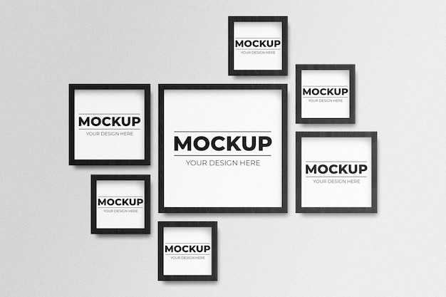 Minimal empty square black frame picture mockup hanging on white wall background