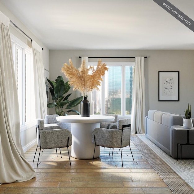 PSD minimal interior design wall mockup with sofa set and tables