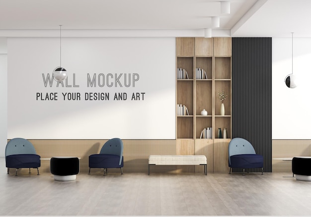 PSD minimal lounge with wall mockup on shadow wall and blue sofa