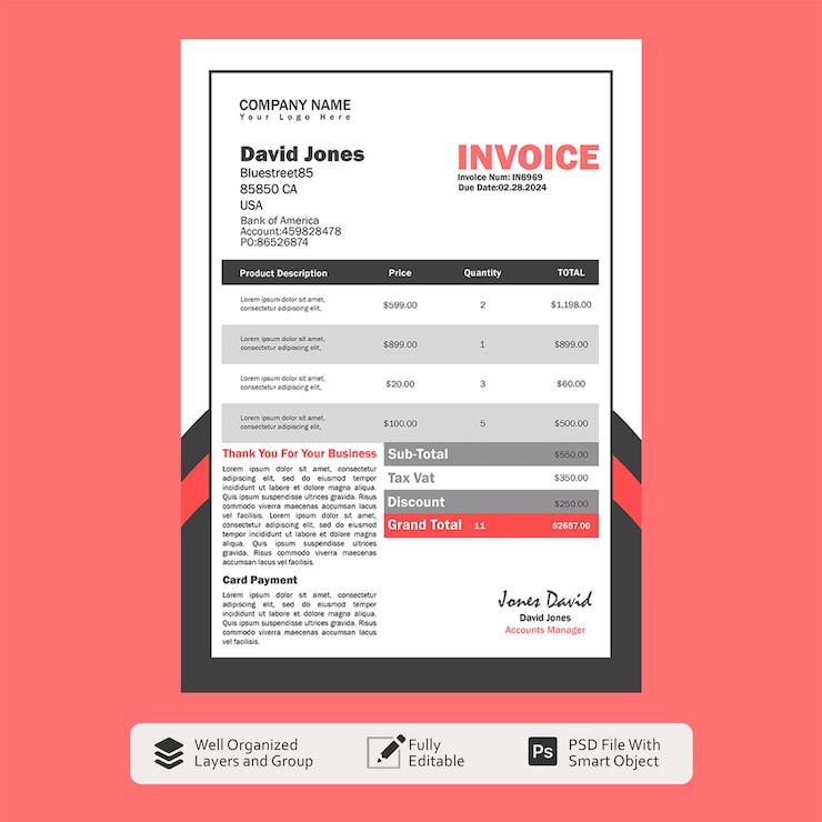 PSD minimal modern simple invoice template psd design