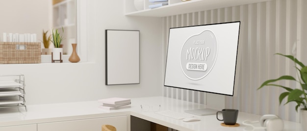 minimal office room interior design with computer mockup screen