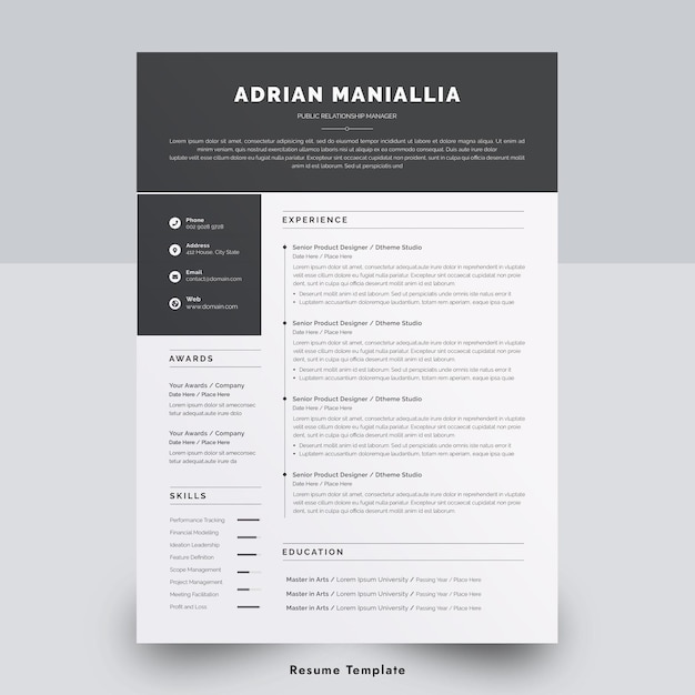 PSD minimal one page resume template in word